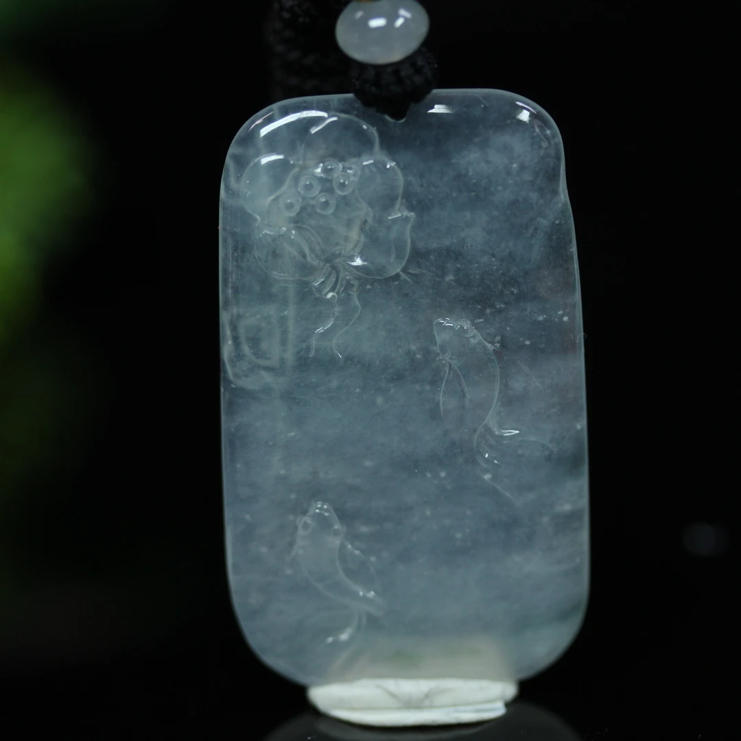 天然缅甸翡翠A货精雕冰飘花年年有余吊坠/1229622/拍卖