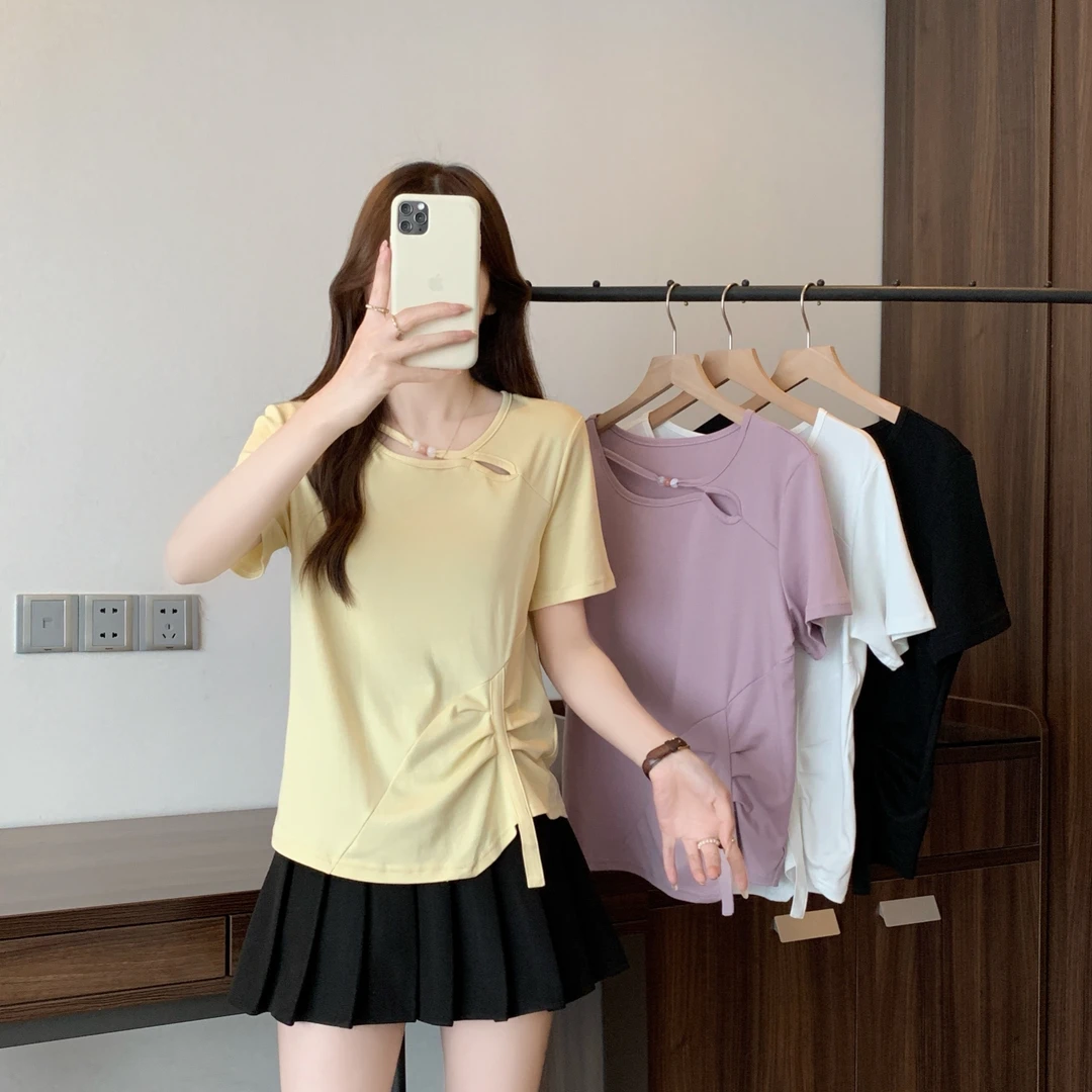 2025夏装新款胖mm大码女韩系设计感小众不规则短袖T恤7180