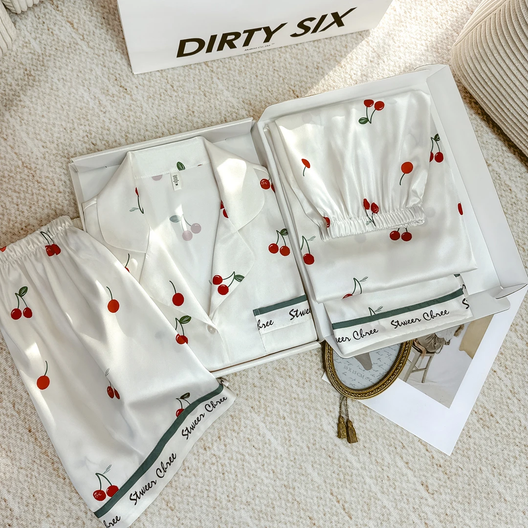 达芬奇密码女士睡衣红色樱桃2025高级睡衣新款夏大码短袖三件套