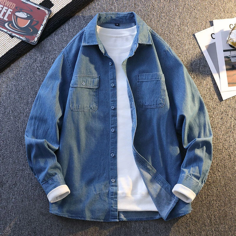 真维斯  牛仔长袖衬衫男生衬衣外学生宽松薄款外套男装上衣