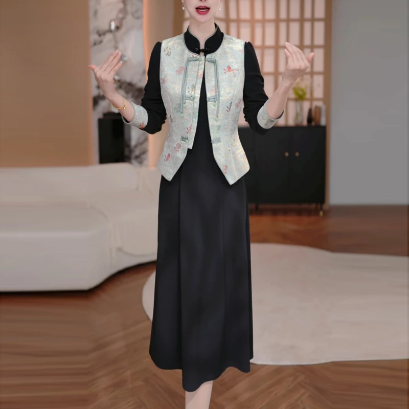 高级复古气质改良版旗袍连衣裙套装2025年秋季新款马甲裙子俩件套