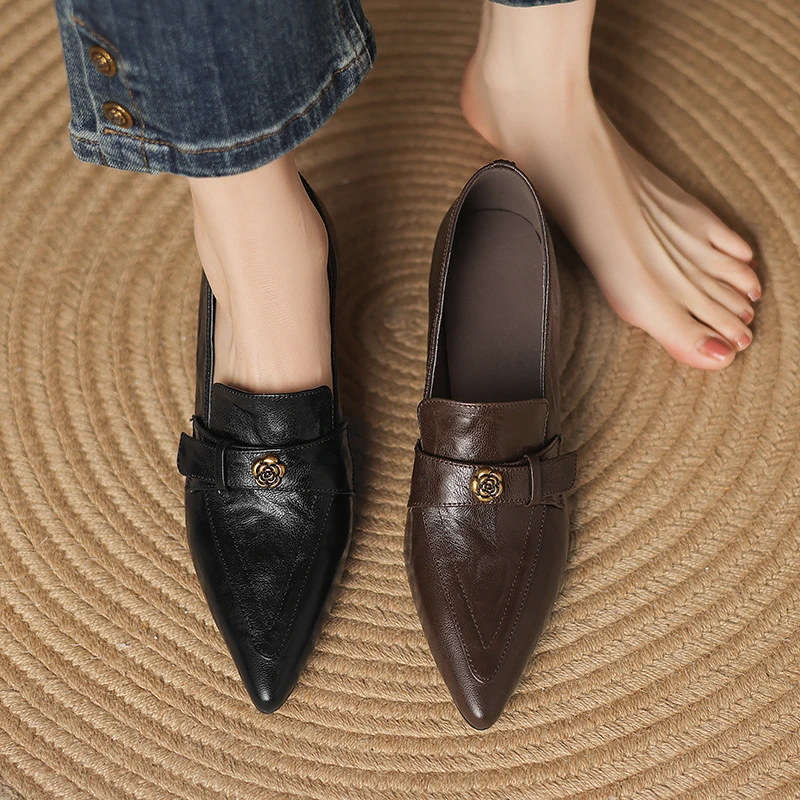 5CM，羊皮尖头小皮鞋春秋英伦风法式通勤鞋复古英伦风羊皮中跟单鞋