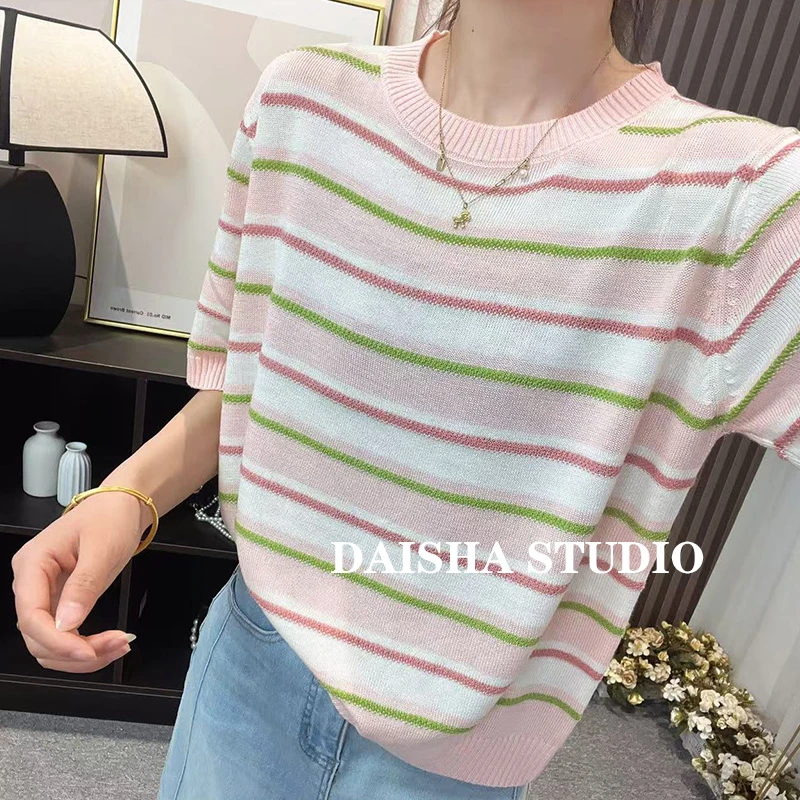夏季新款撞色条纹圆领百搭短袖针织衫女上衣宽松显瘦休闲t恤女388