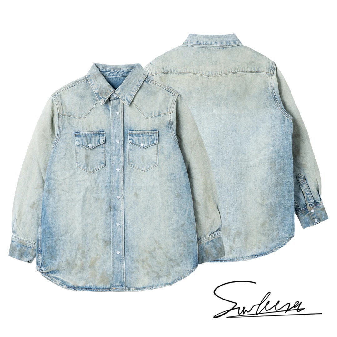 【SUNTEEZA】DirtyFit水洗做旧宽松复古牛仔衬衣衬衫外套
