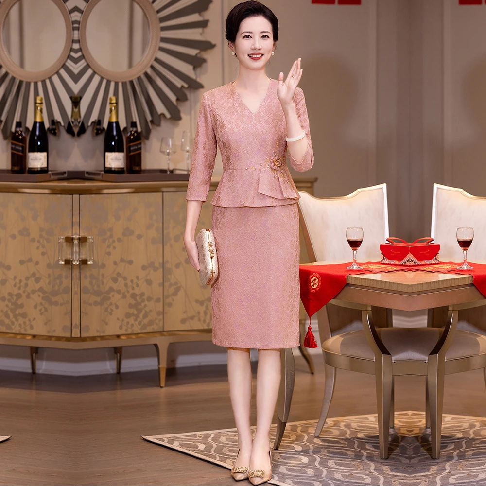 春季高贵气质喜婆婆时尚蕾丝旗袍裙大码修身假两件新中式婚礼礼服