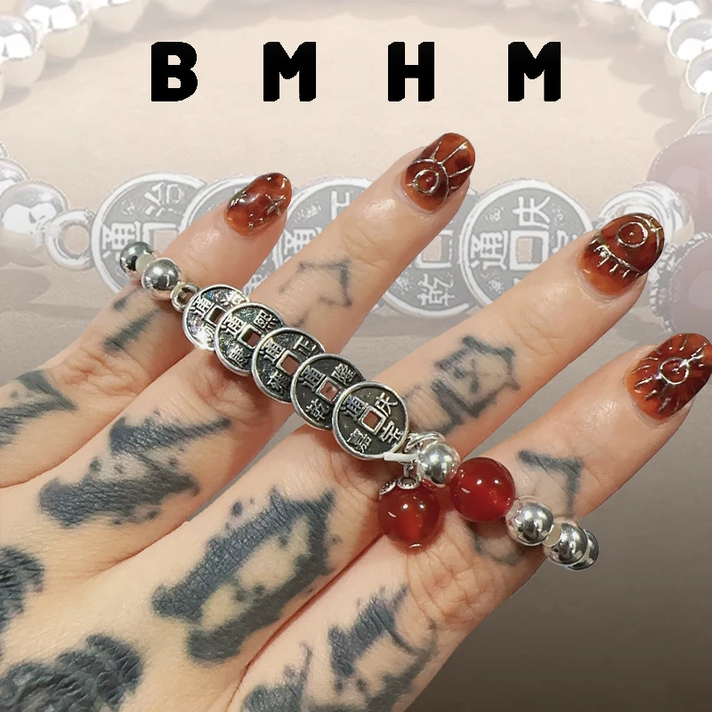 BMHM 铜合金仿珍珠手链 复古五帝钱币流苏手链女铜钱光身珠子手绳