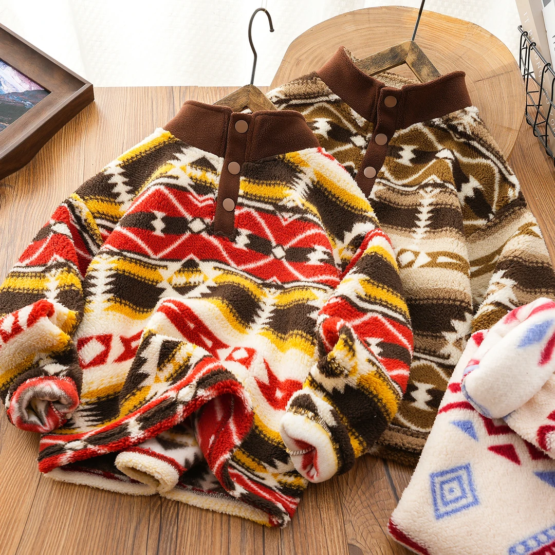 男女童加绒卫衣秋冬季新款2024儿童抓绒立领打底衫复古民族风童装