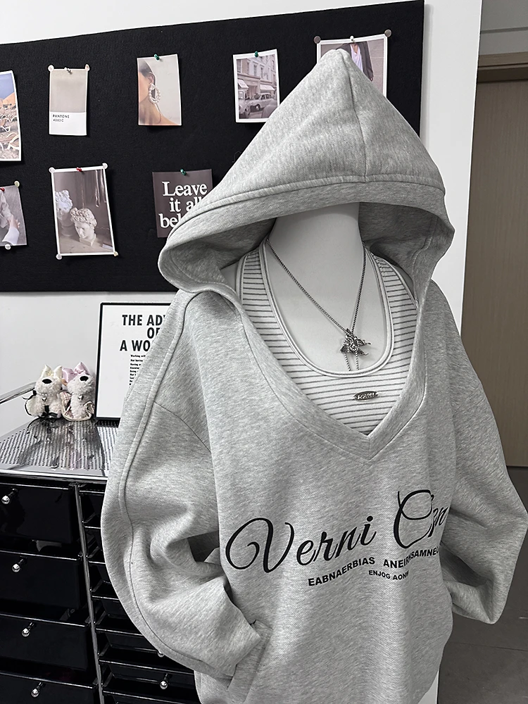 美式复古真两件套挂脖连帽卫衣女宽松外套长袖ins慵懒风条纹上衣