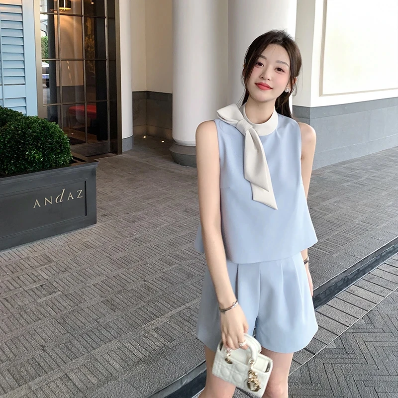 【两件套】蝴蝶结领撞色千金风气质显瘦上衣短裤套装设计感女D1821