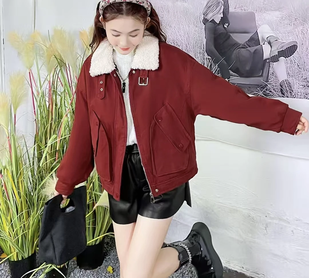 【仟媛】58035 #牛仔加绒外套女短款2024冬季爆款欧货毛领派克服