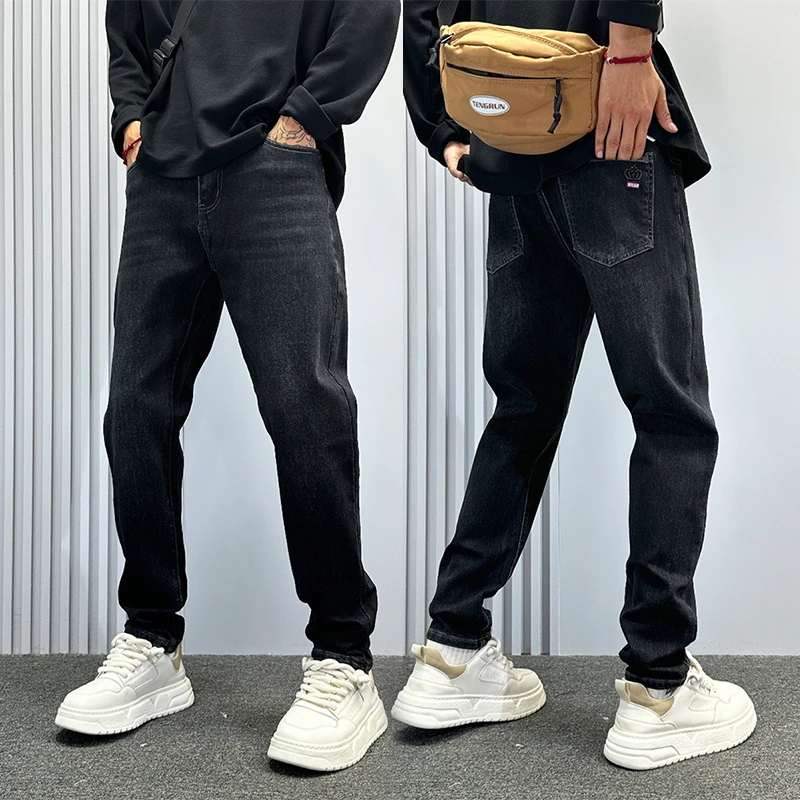 纯色百搭牛仔裤男士修身小脚2025新款秋冬潮牌直筒休闲美式男裤子