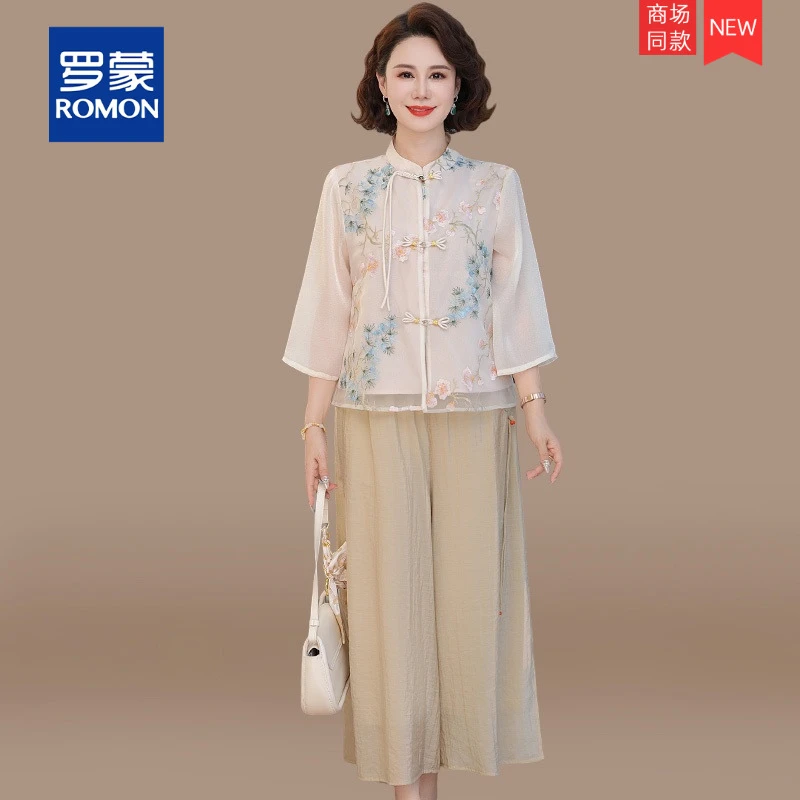 妈妈秋装套装时尚中式国风雪纺衫2025新款中老年春夏季爆款上衣女