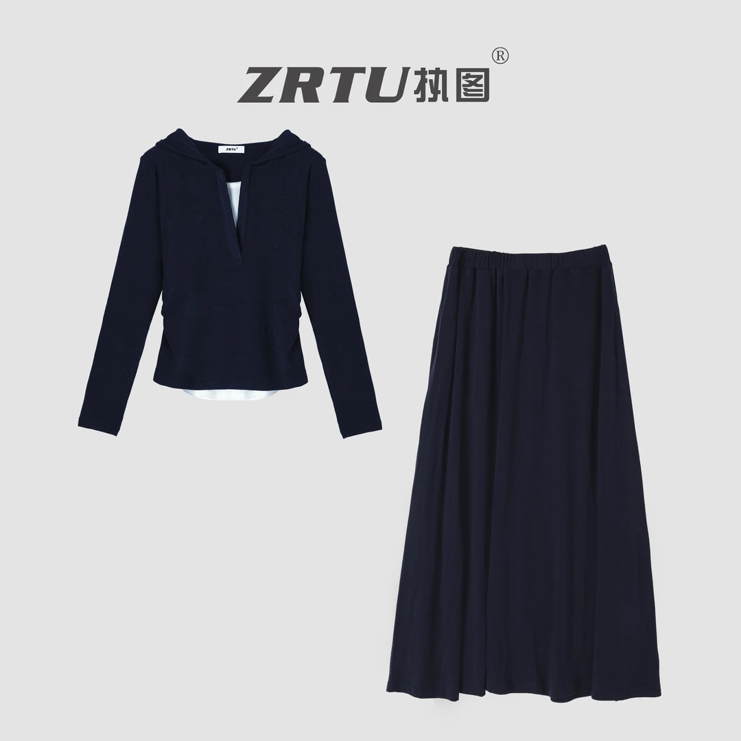 ZRTU/执图设计感慵懒时尚假两件连帽卫衣高腰半身裙套装ZR5387