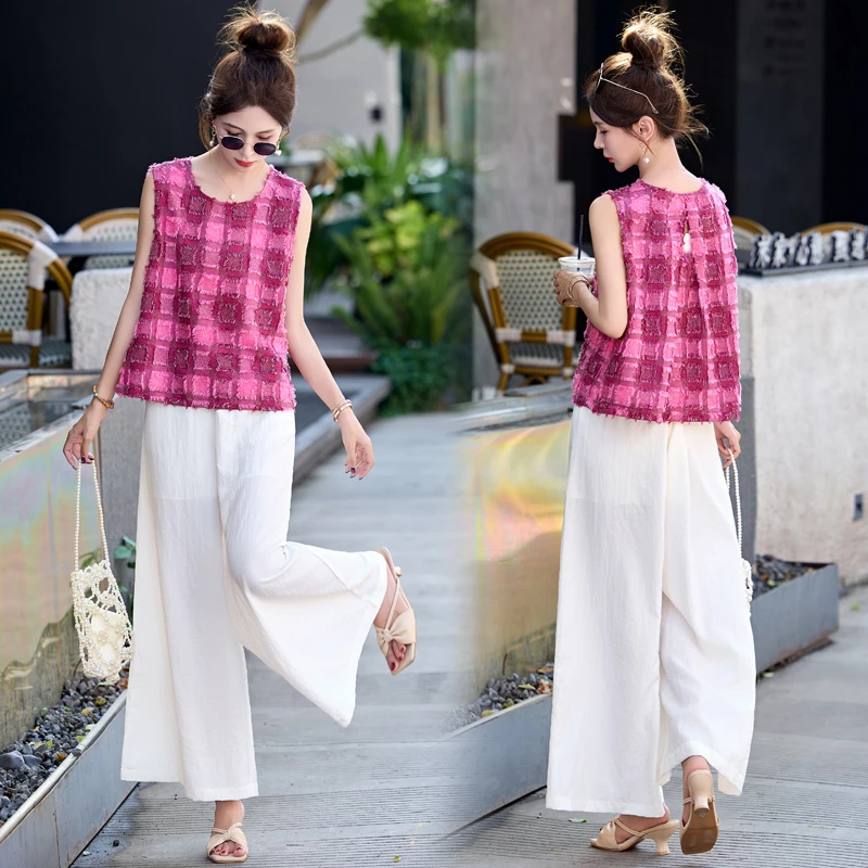 时尚减龄气质套装女2025夏季新款高级感宽松显瘦马甲阔腿裤两件套