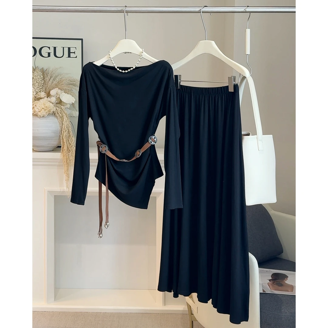 今天流行时尚套装不规则收腰长袖T恤打底衫+纯欲慵懒风女装