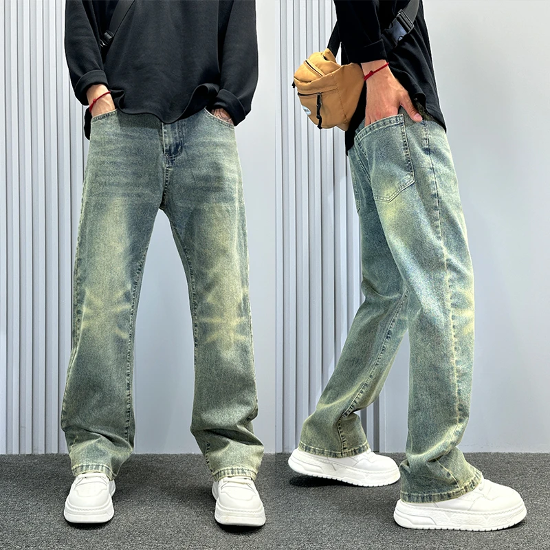 复古蓝潮牌修身牛仔裤男款痞帅cleanfit美式高街直筒显瘦微喇长裤