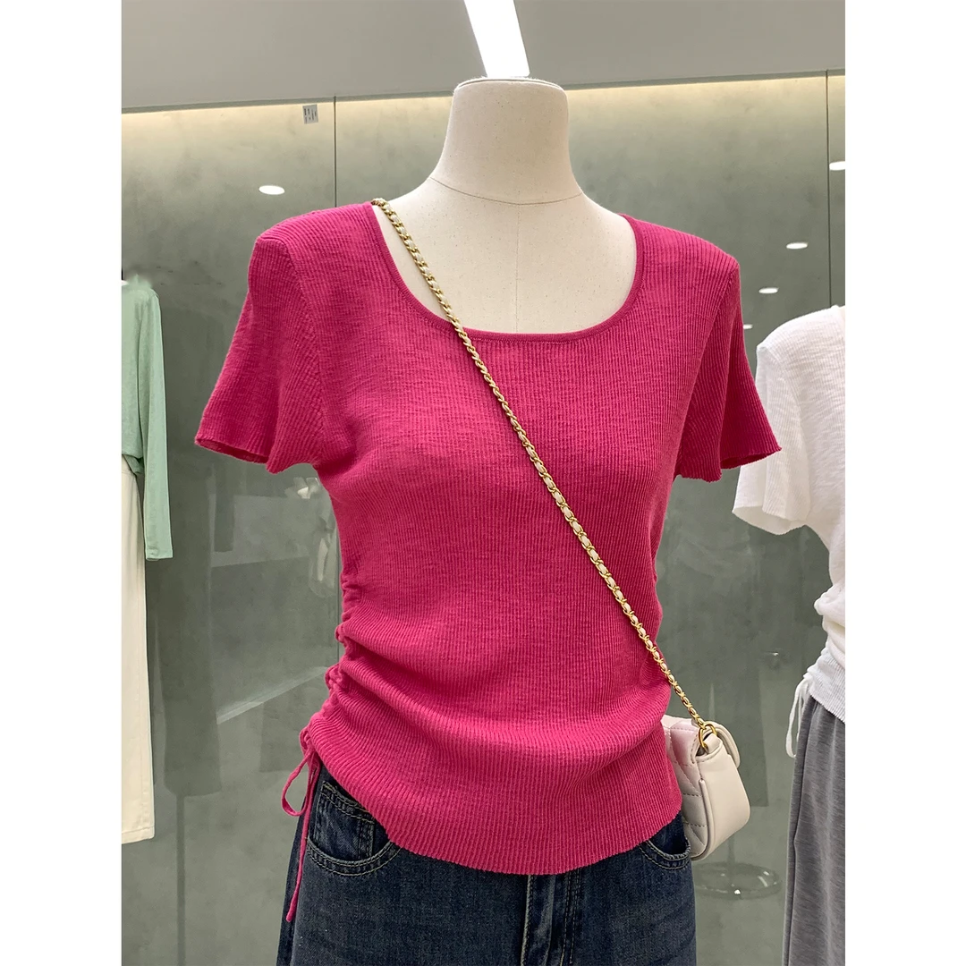 新款设计感抽绳收腰方领短袖小衫2025初夏穿搭显瘦小众气质上衣女