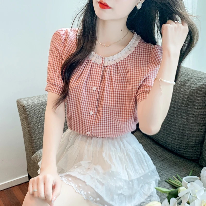 小个子夏季显瘦气质泡泡袖格子小衫2025设计感甜美短袖通勤衬衫女