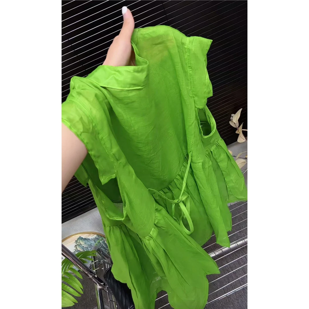 今年流行穿搭2025夏季新款温柔风绑带可调节收腰显瘦短袖衬衫上衣