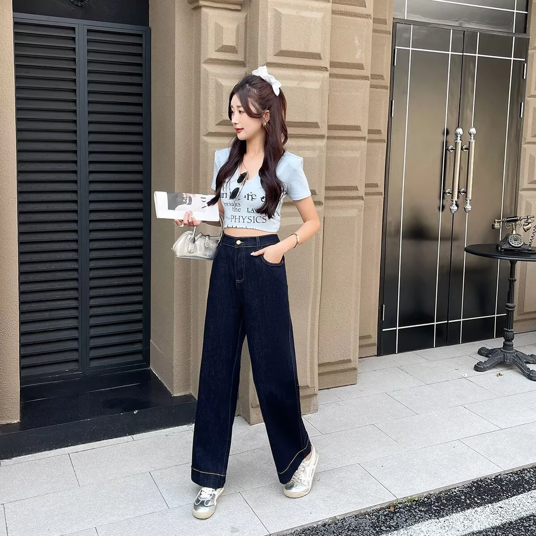 大码女装高腰显瘦九分裤窄版直筒软牛仔裤宽松显瘦