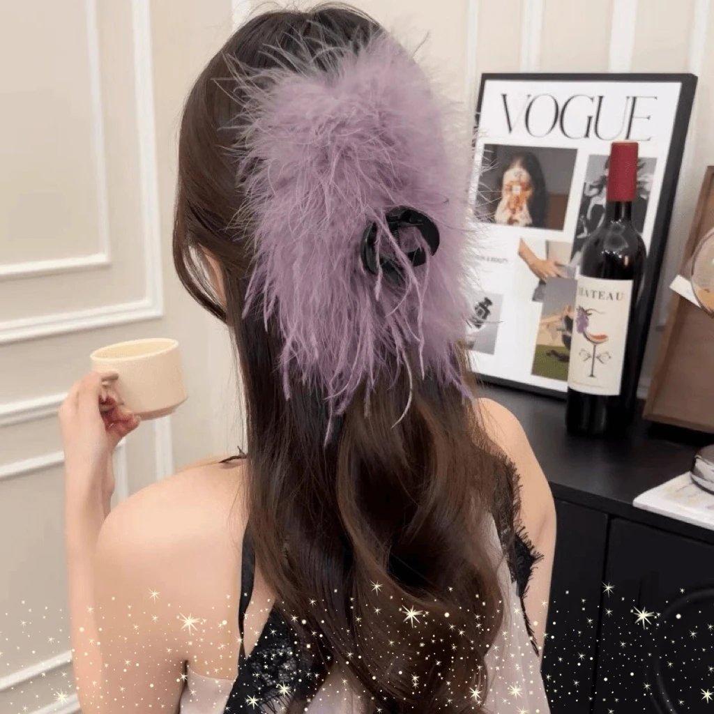仙女~ins风紫色鸵鸟气质高级感毛毛鲨鱼夹仙气飘飘