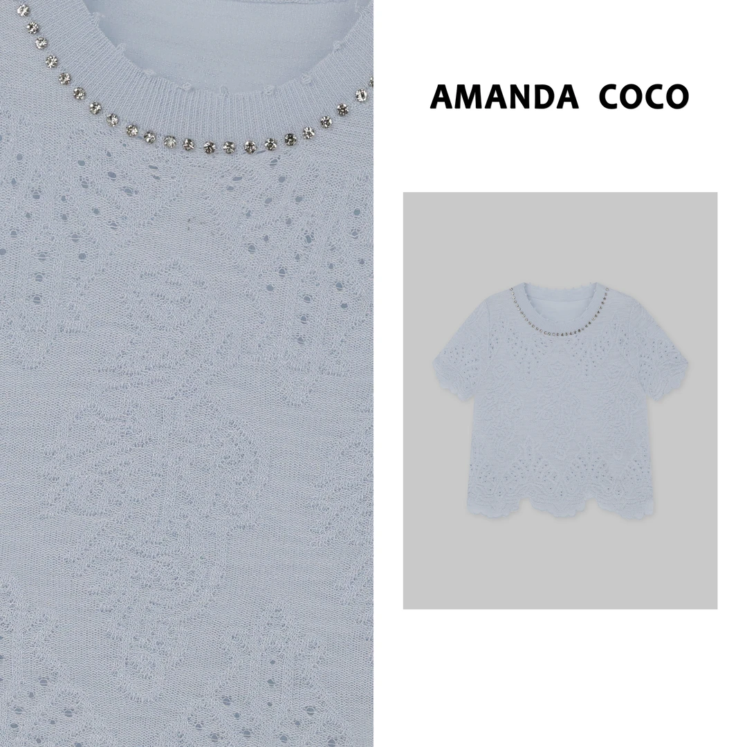 夏季钉钻提花小镂空设计感波浪边短袖针织衫v29758