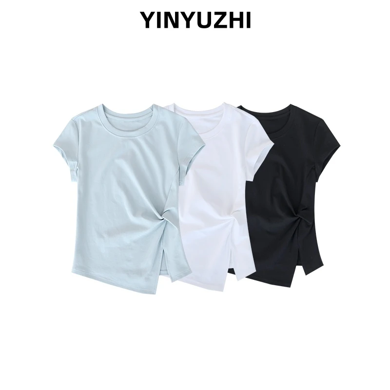 不规则T恤抽褶下摆开叉显瘦遮肉洋气短袖女款59011