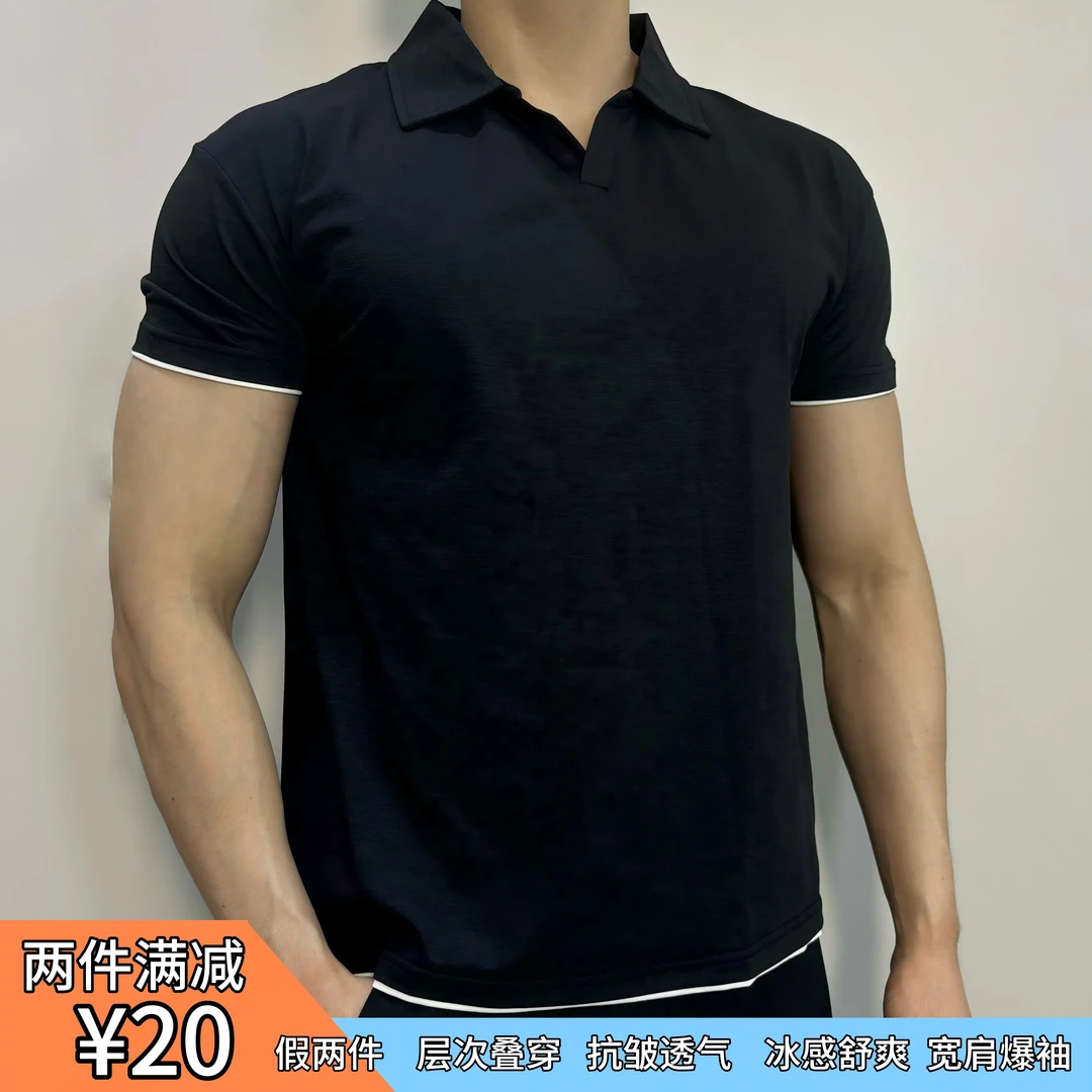 夏季假两件POLO衫运动短袖男健身收袖口T恤百搭休闲翻领上衣显型
