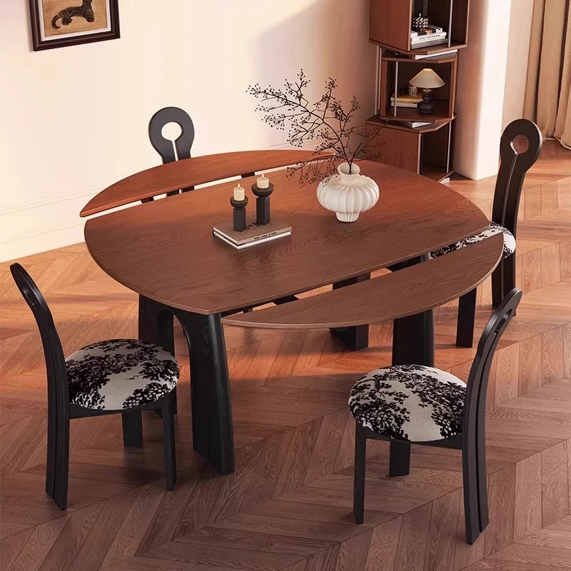 法式中古风实木伸缩餐桌椅组合小户型家用方圆两用饭桌可变圆桌