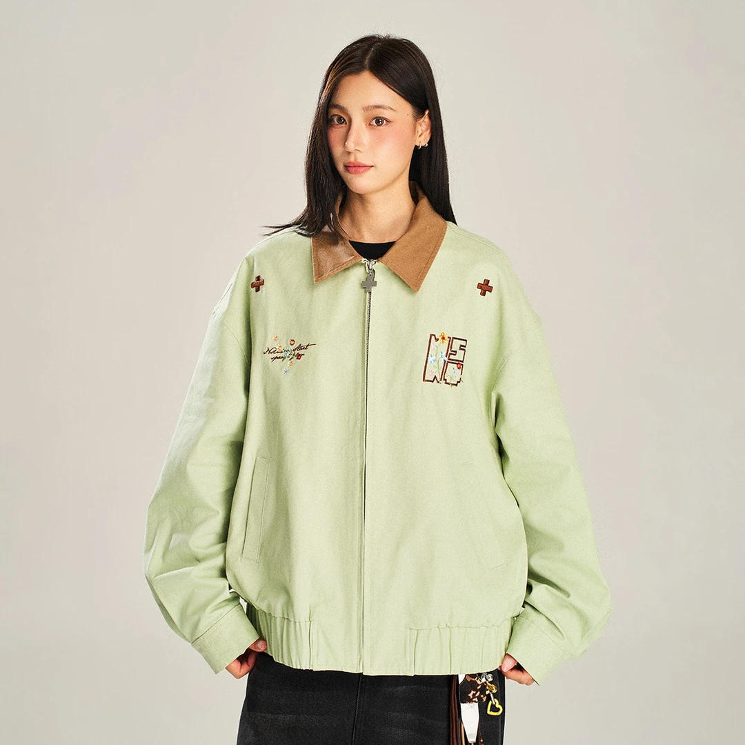 NSTNEW START发芽计划民族风花卉撞色拼接刺绣翻领短款夹克外套