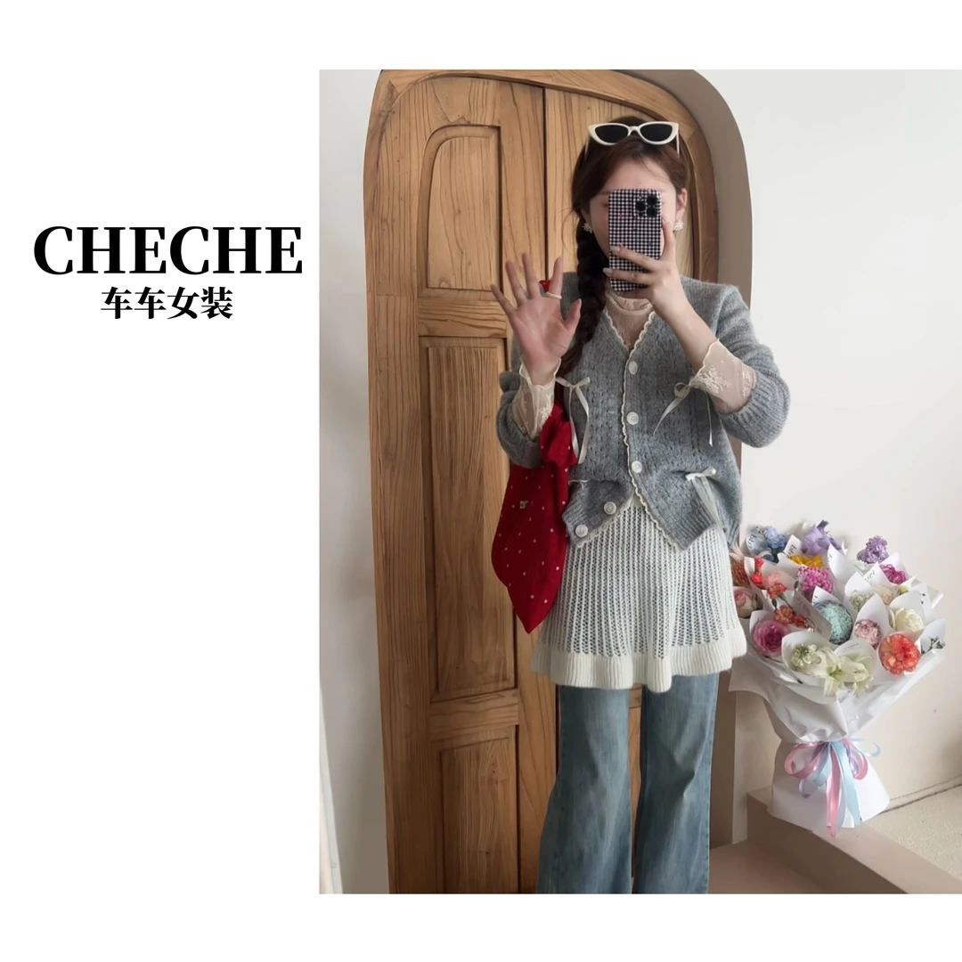 CHECHE【灰姑娘】灰色蝴蝶结开衫自带设计感毛衣韩国原单显白百搭