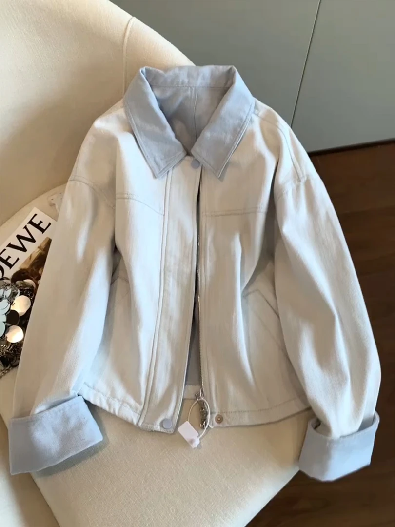 高级感超好看韩系休闲牛仔外套女装秋季气质独特漂亮翻领夹克上衣