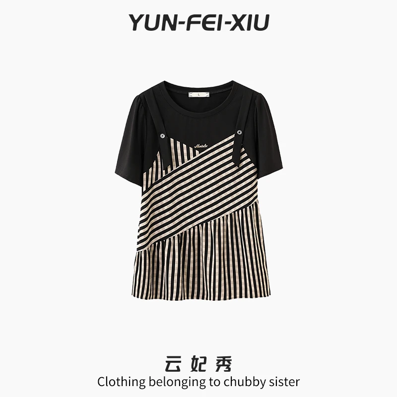 云妃秀大码女装T恤时尚休闲胖妹妹显瘦宽松韩版遮肉上衣夏季28002