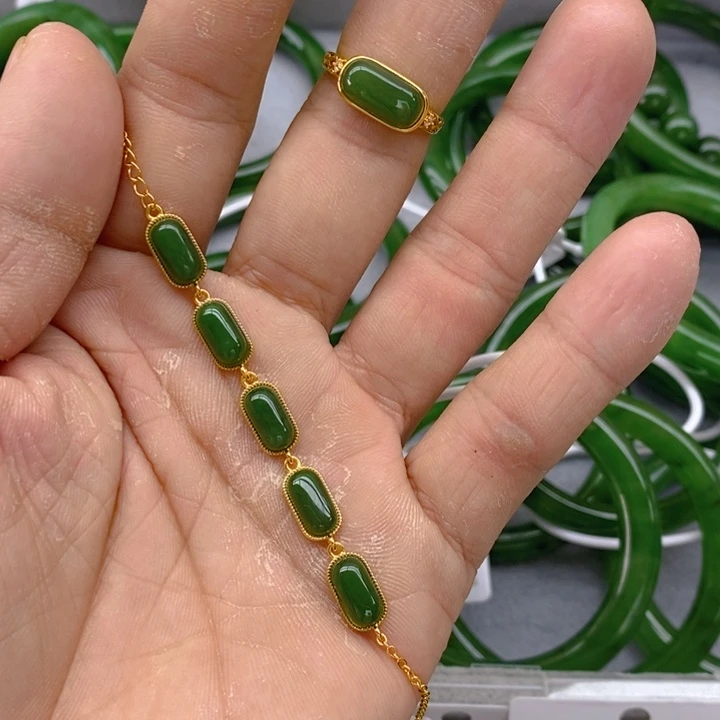 和田玉（碧玉）手链银S925镀金镶嵌