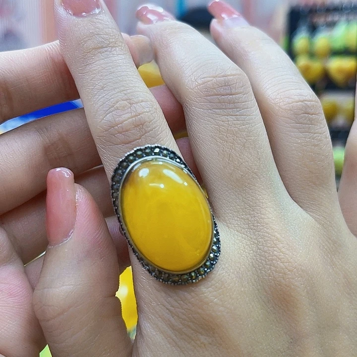 蜜蜡银S925镶嵌裸石戒指