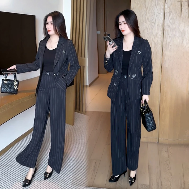 时尚气质套装女秋季收腰条纹小西装高腰阔腿裤小个子职业女装套装