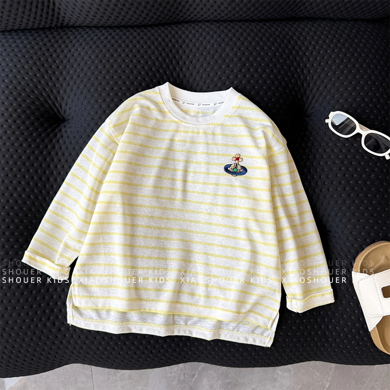 【小首尔】【柠檬不檬】Q2现货-男女童夏韩版条纹刺绣长袖T恤HBB7363