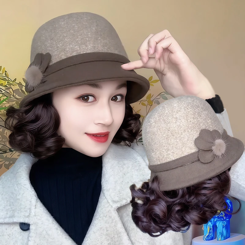 假发帽子女短卷发全头套时尚妈妈秋冬洋气渔夫帽一体式帽子假发