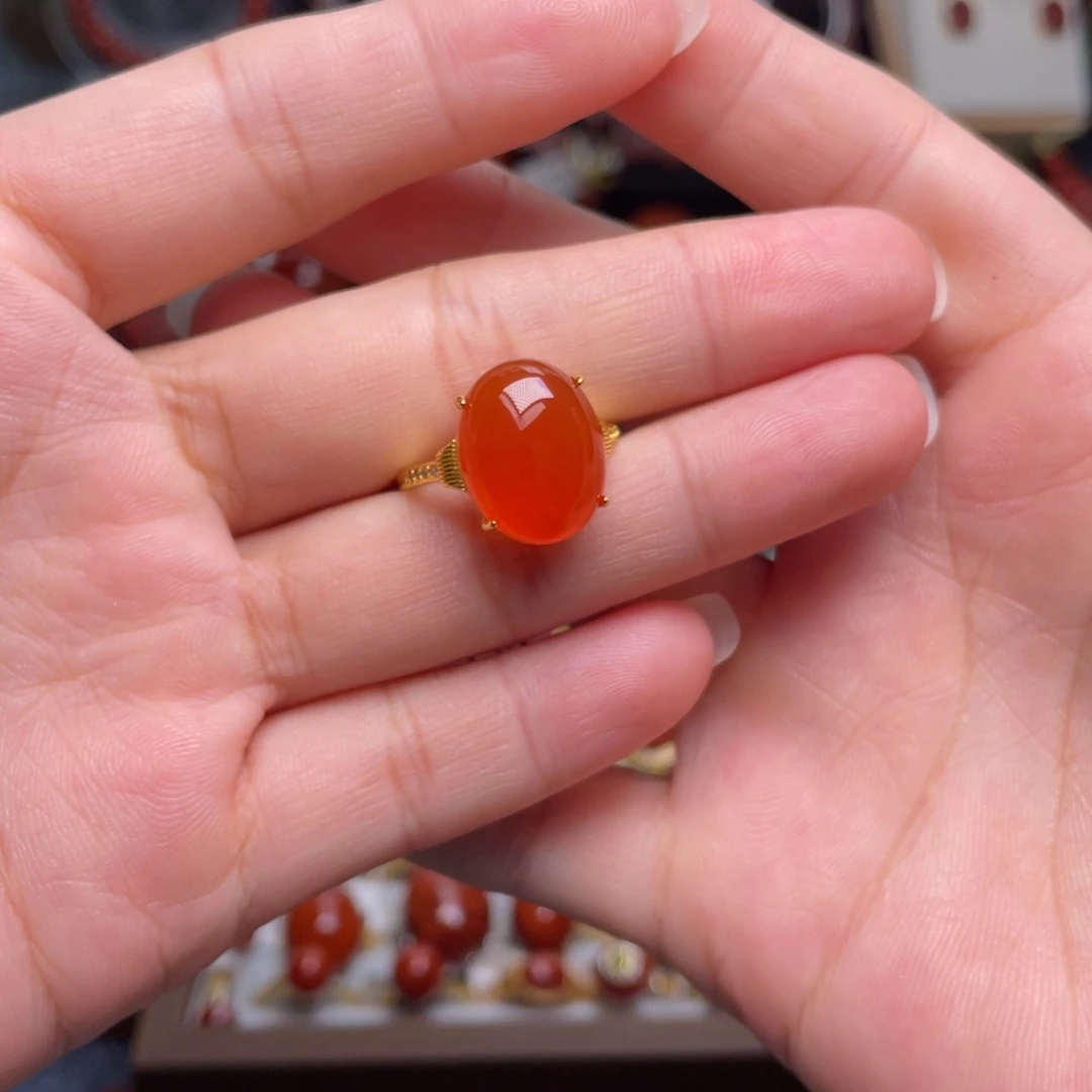 南红玛瑙银S925镶嵌原矿冰红戒指