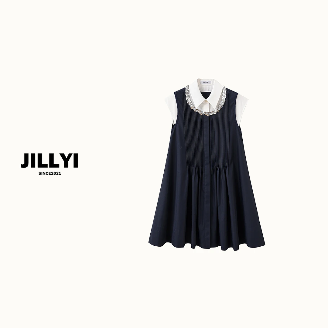 JILLYI南山店【子夜深蓝】藏蓝色圆领连衣裙内搭简约白色衬衫假两件