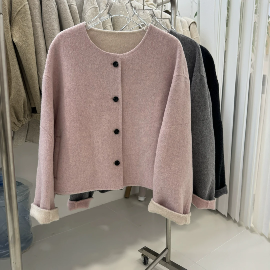 24年新款双面羊绒大衣圆领小香风双面羊绒大衣短款外套女秋冬双色