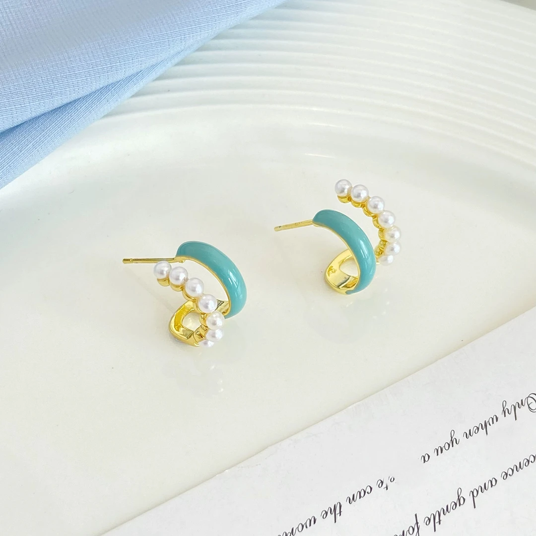 铜合金耳饰 薄荷蓝双层珠珠耳环女轻奢高级感2025新款爆款耳饰潮