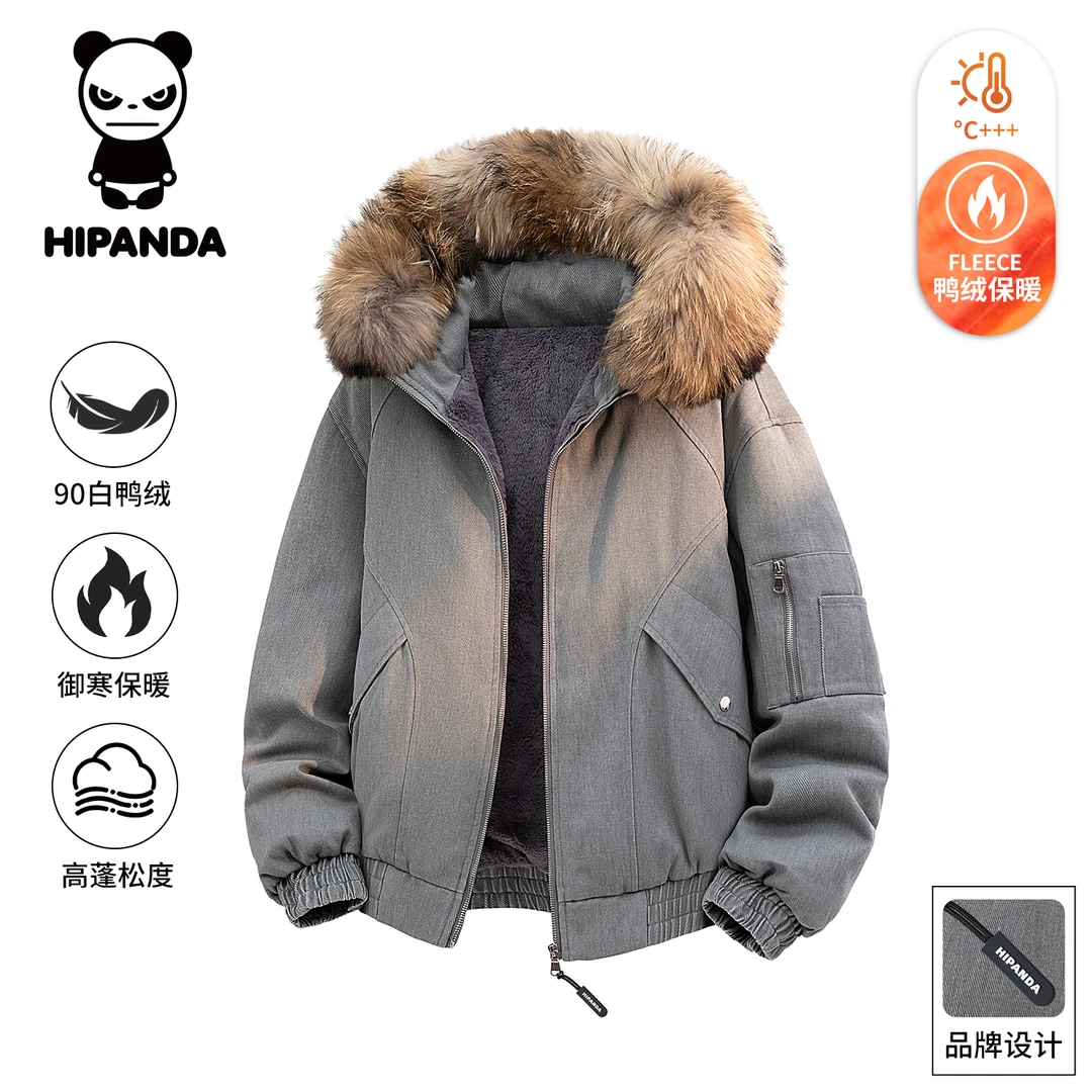 Hi Panda你好熊猫秋冬季连帽鸭绒羽绒服男士宽松毛领保暖上衣外套