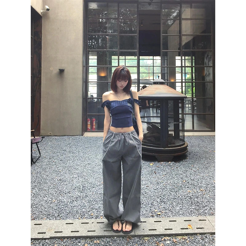 夏季美式辣妹高级感休闲百搭一字肩上衣高腰撞色宽松直筒阔腿裤女