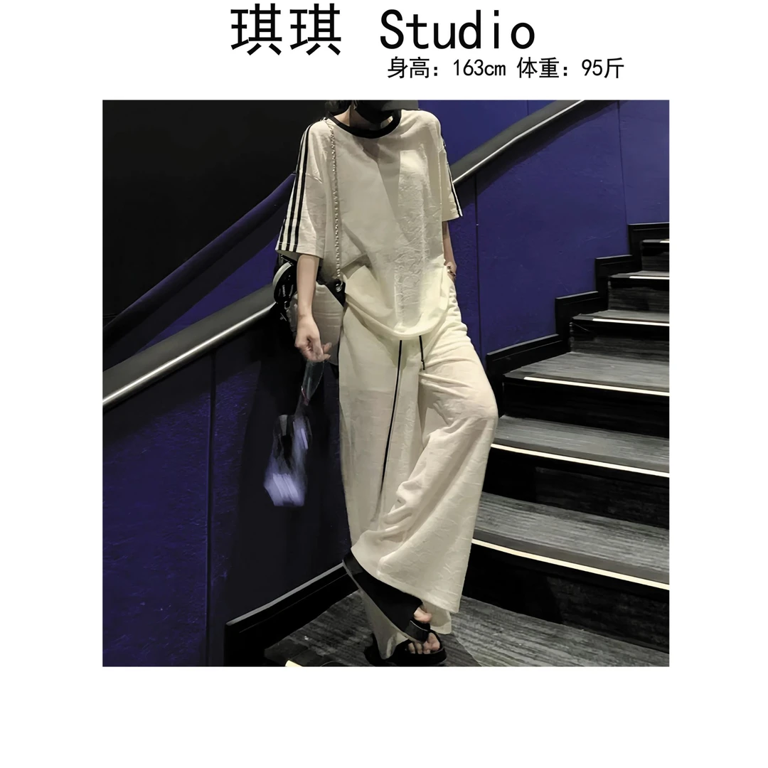 《琪琪家》夏季新款舒适亲肤宽松慵懒袖杠短袖休闲裤两件套3263-CS