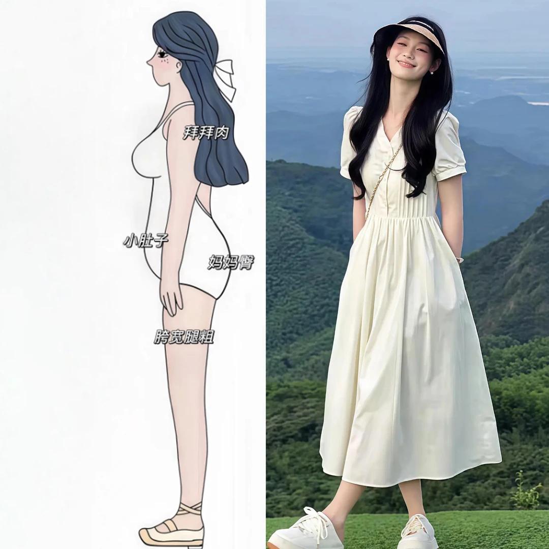 法式清纯温柔风初恋甜美v领短袖连衣裙女夏季新款气质收腰长裙子