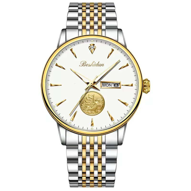 新款商务一帆风顺白面双日历夜光防水男表9115G专属