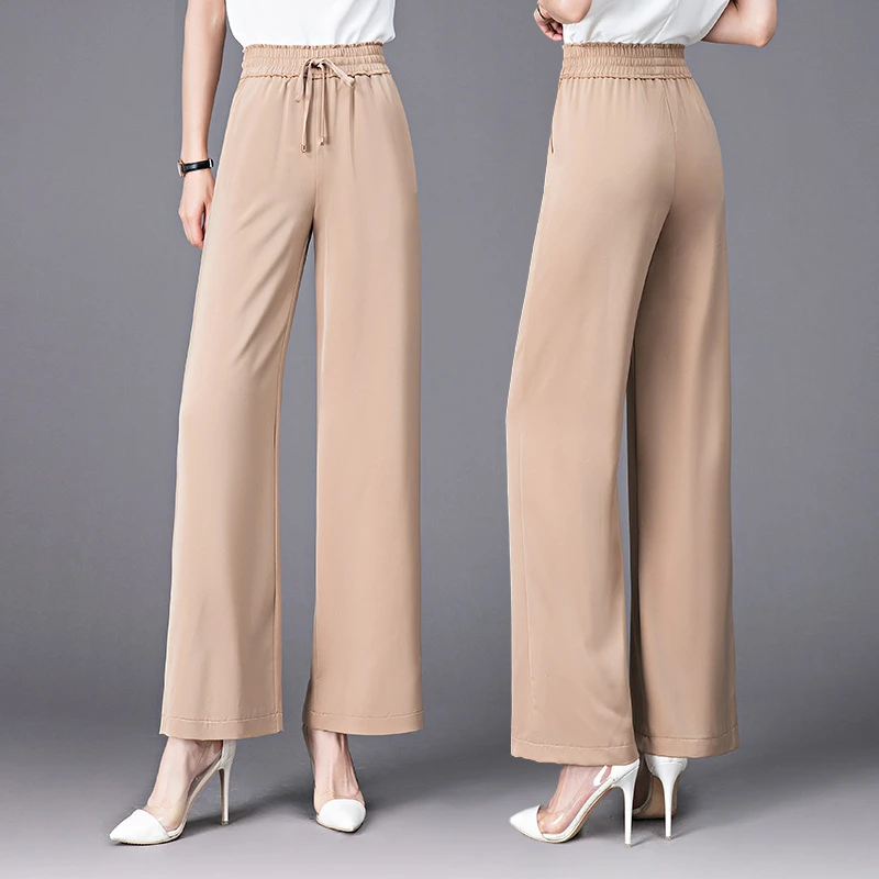 高档中年松紧腰真丝裤子夏季宽松休闲直筒裤桑蚕丝高腰垂感阔腿裤