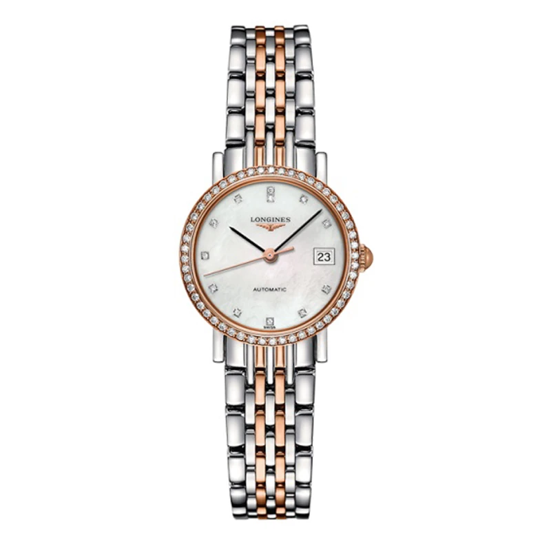 99新 Longines/浪琴 博雅系列机械女表18玫瑰金镶钻贝母盘25.5mm