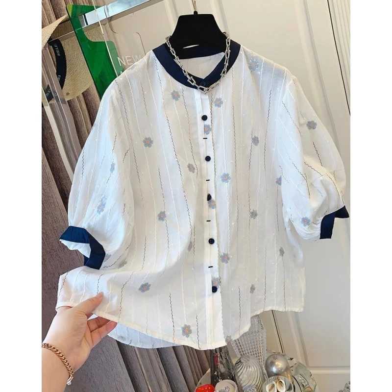 6987法式气质刺绣花朵泡泡袖短袖衬衫娃娃衫时尚棉上衣女装小衫